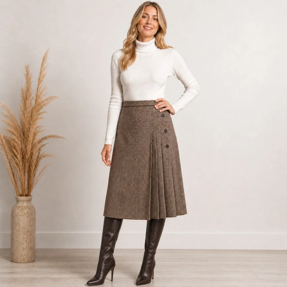 VTG 70s Houndstooth Wool Blend Heavyweight Pleated Midi Skirt Brown Sz XS